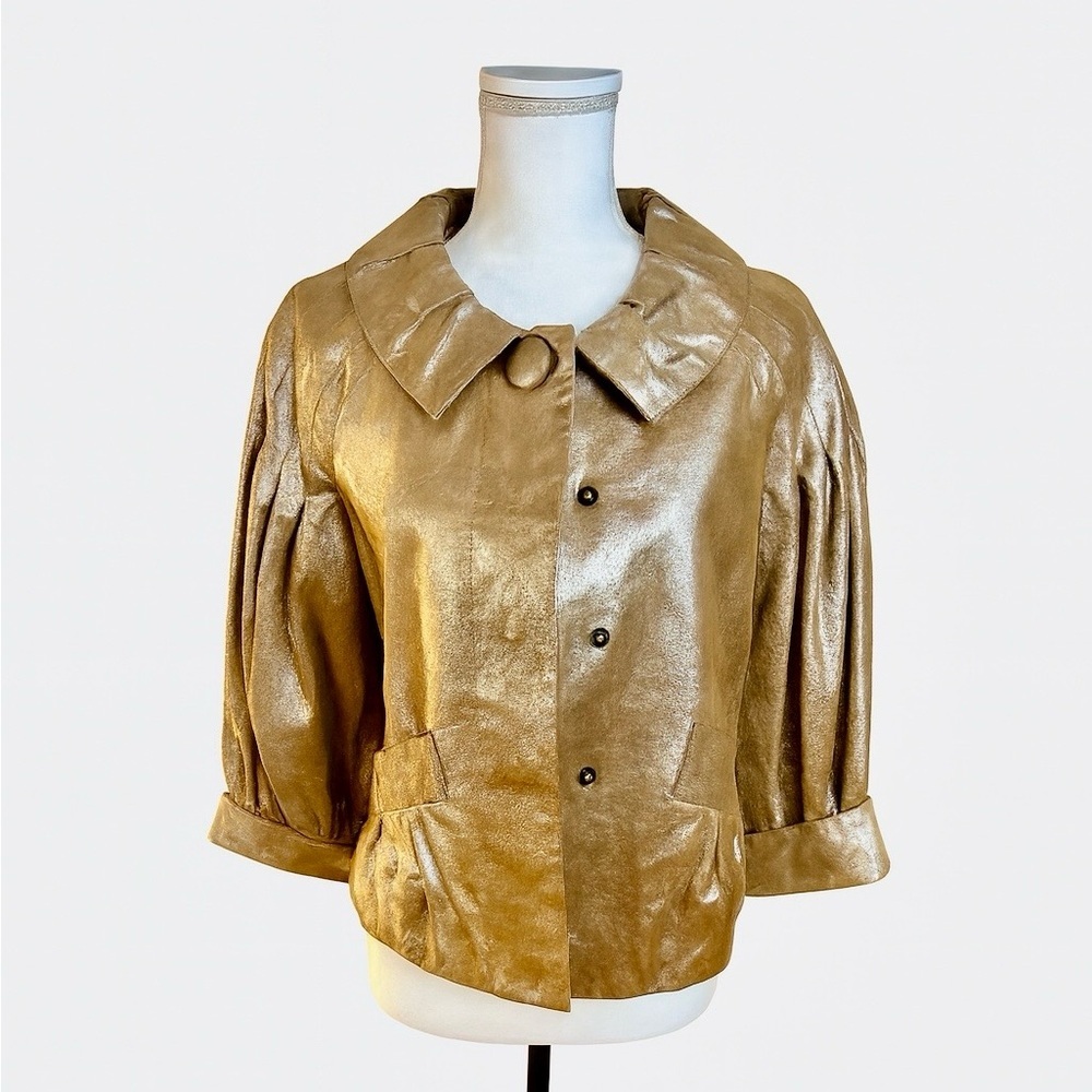 ✨ 100% Leather Metallic Swing Jacket - 3/4 Sleeve Size M | Glam Retro Style ✨